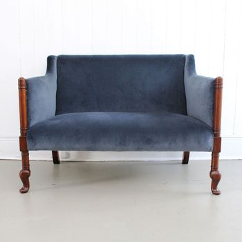 A 1920's Country House Mahogany Sofa with Blue Grey Velvet Upholstery