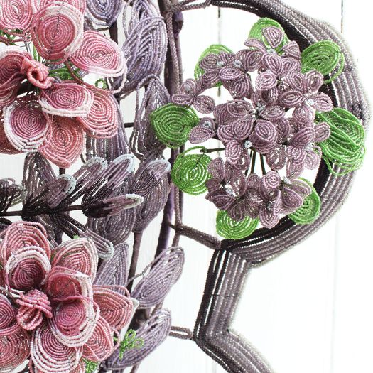 A Very Large Early 20th C Floral & Leaf Aubergine Beaded Wreath (D)