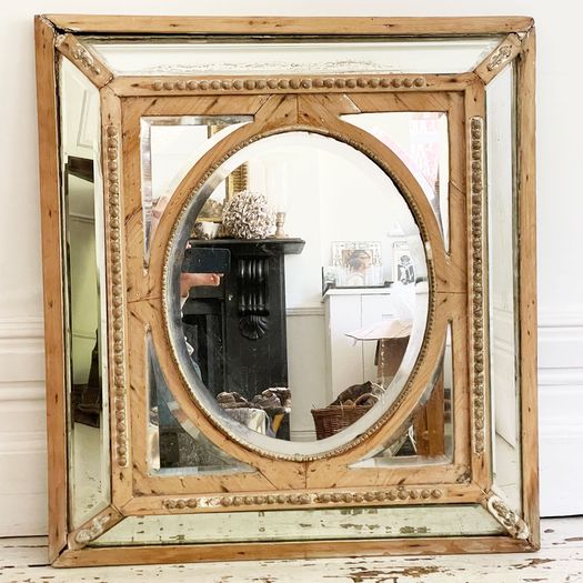A 19th C French Pine Cushion Mirror with Bevelled Glass