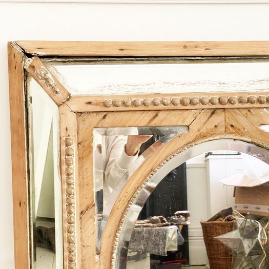 A 19th C French Pine Cushion Mirror with Bevelled Glass