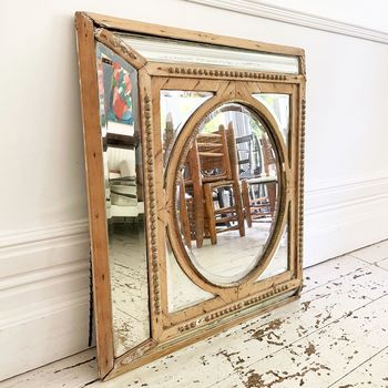 A 19th C French Pine Cushion Mirror with Bevelled Glass