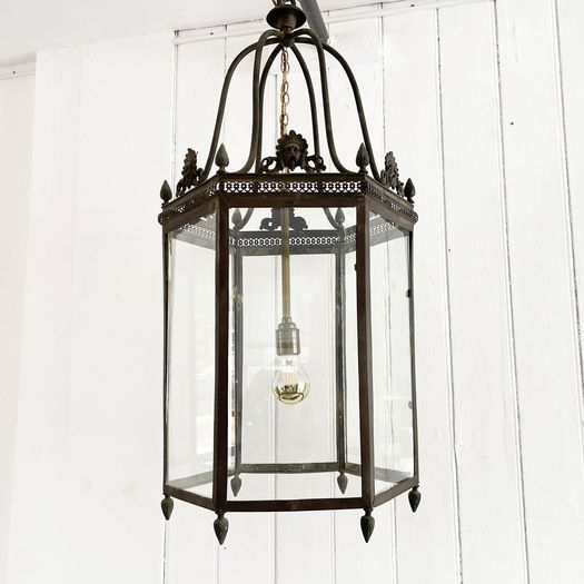 A Hexagonal 19th C French Bronze Lantern with Original Glass