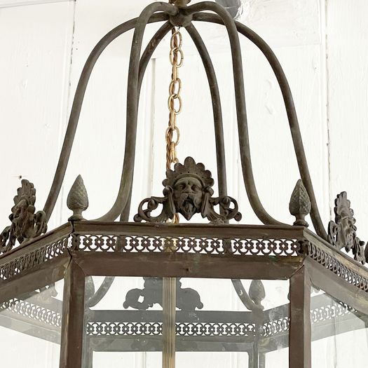 A Hexagonal 19th C French Bronze Lantern with Original Glass