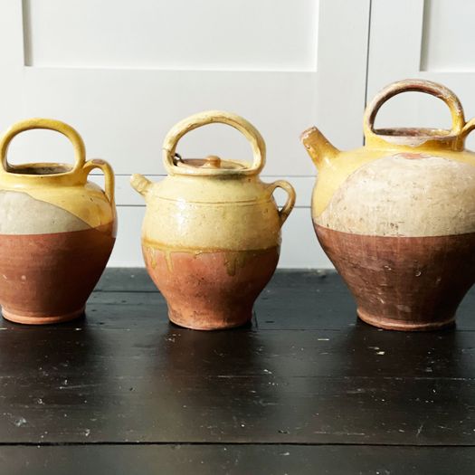 Antique French Terracotta Water Jug with Yellow Decoration 2