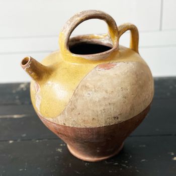 Antique French Terracotta Water Jug with Yellow Decoration 1