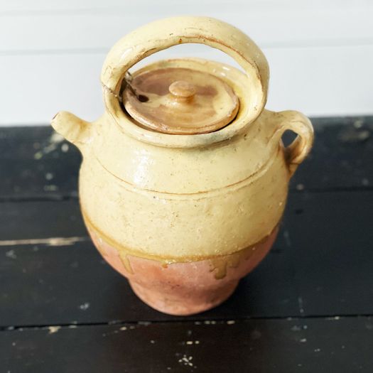 Antique French Terracotta Water Jug with Yellow Decoration 2
