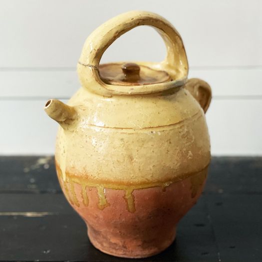 Antique French Terracotta Water Jug with Yellow Decoration 2