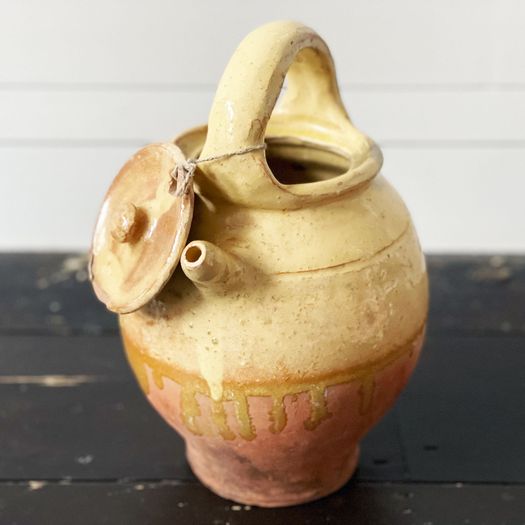 Antique French Terracotta Water Jug with Yellow Decoration 2