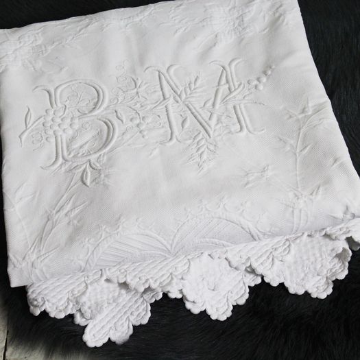 A White 19th C Piqué Bed Cover with Large Monogram 'BM' & Scalloped Edging