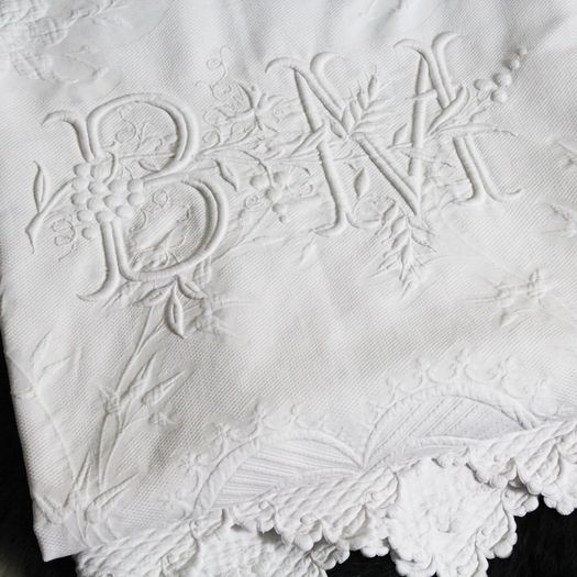 A White 19th C Piqué Bed Cover with Large Monogram 'BM' & Scalloped Edging