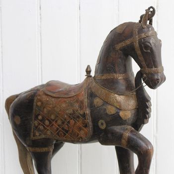 A Late 19th C Indian Carved Wood Painted Sculpture of a Horse