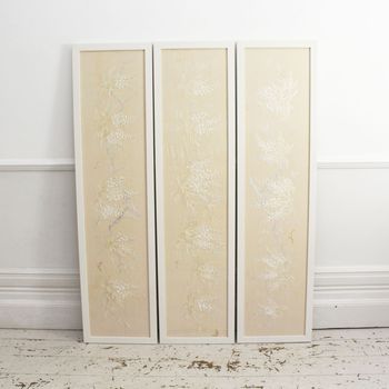 A Set of Three Framed Muted Floral Japanese Embroidered Panels