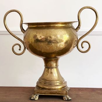 A Large 19th Century Brass Urn with Scrolled Handles and Claw Feet