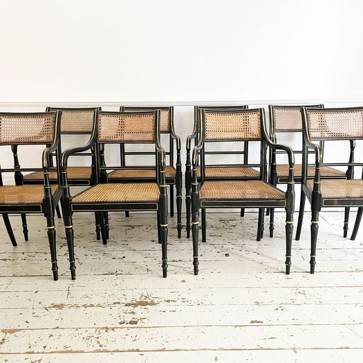 A Set of 8 Regency Style Late 19th C Ebonised Caned Armchairs