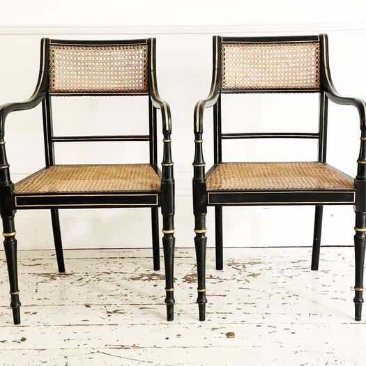 A Set of 8 Regency Style Late 19th C Ebonised Caned Armchairs