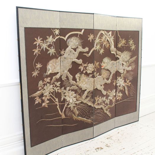 Silverwork Embroidered Four Panel Screen