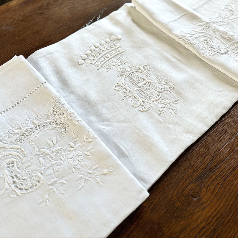 愛*ん様 30s French Linen L/P Rare Antique French Linen Sheet with Crown Monogram AE/EA