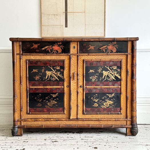 An Antique French Lacquered Chinoiserie Bamboo Cupboard