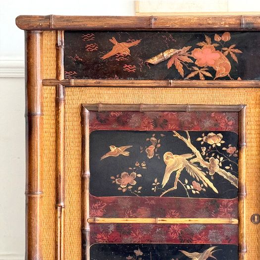 An Antique French Lacquered Chinoiserie Bamboo Cupboard