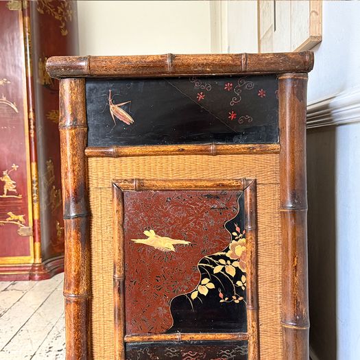 An Antique French Lacquered Chinoiserie Bamboo Cupboard