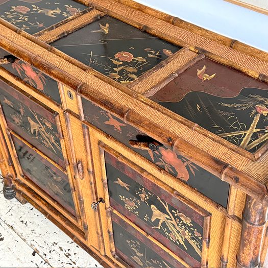 An Antique French Lacquered Chinoiserie Bamboo Cupboard