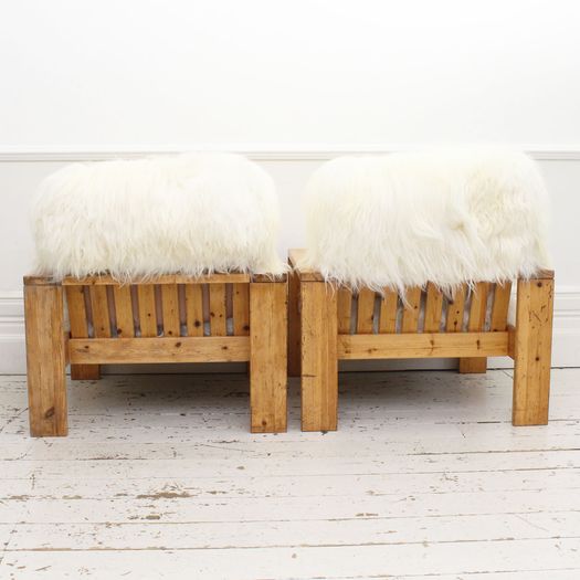 A Pair of 1960's Icelandic Sheepskin Pine Armchairs from Les Arcs