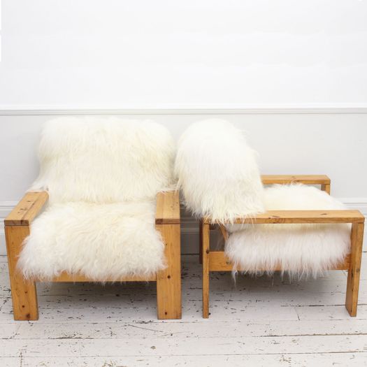 A Pair of 1960's Icelandic Sheepskin Pine Armchairs from Les Arcs