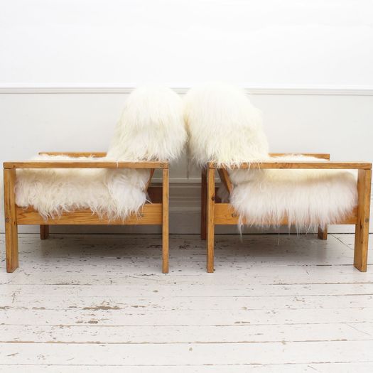 A Pair of 1960's Icelandic Sheepskin Pine Armchairs from Les Arcs