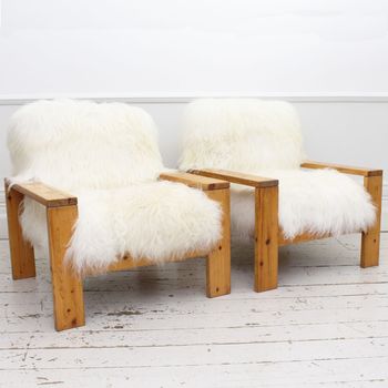 A Pair of 1960's Icelandic Sheepskin Pine Armchairs from Les Arcs