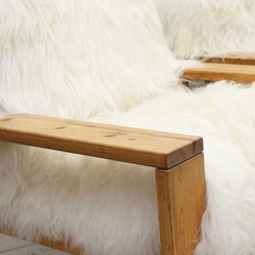 A Pair of 1960's Icelandic Sheepskin Pine Armchairs from Les Arcs