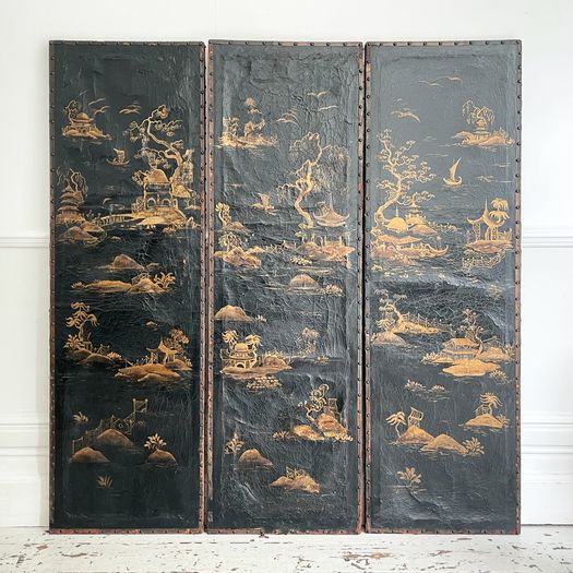 A Three Panel 18th Century Chinoiserie Leather Screen with Gilt Decoration