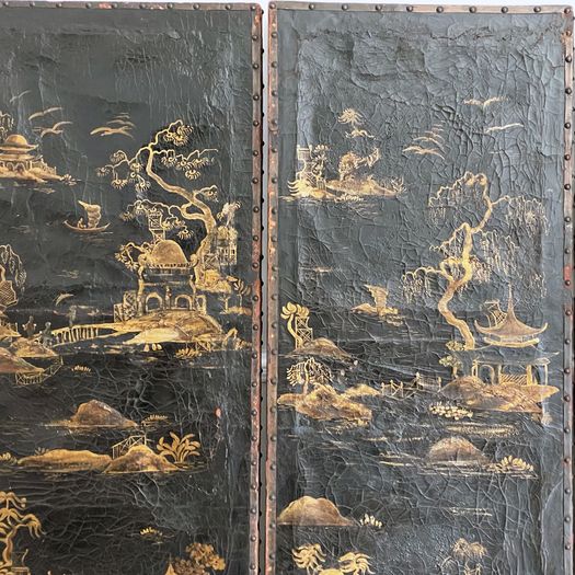 A Three Panel 18th Century Chinoiserie Leather Screen with Gilt Decoration