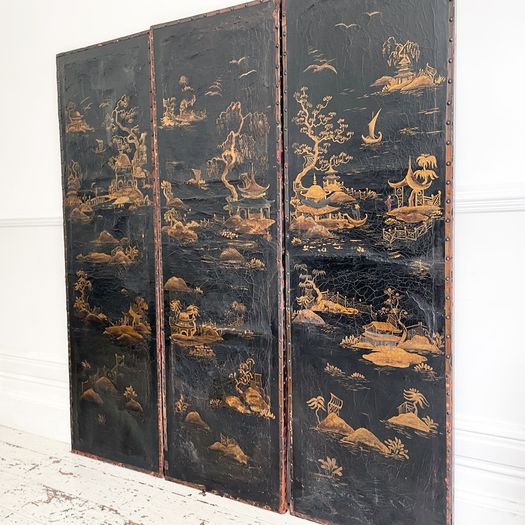 A Three Panel 18th Century Chinoiserie Leather Screen with Gilt Decoration