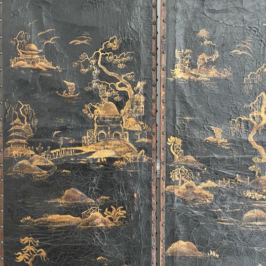 A Three Panel 18th Century Chinoiserie Leather Screen with Gilt Decoration