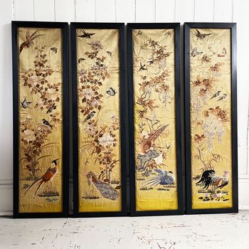 Two Framed Pairs of 19th C Chinoiserie Embroidery on Pale Yellow Silk