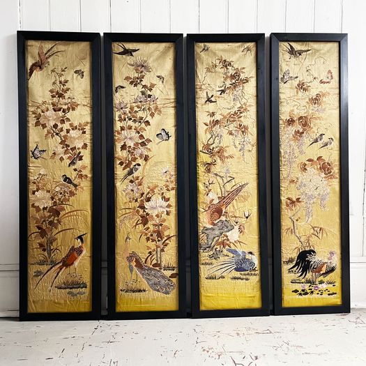 Two Framed Pairs of 19th C Chinoiserie Embroidery on Pale Yellow Silk