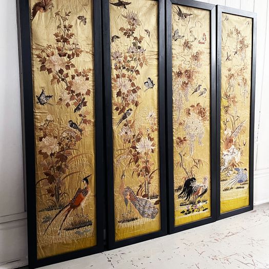 Two Framed Pairs of 19th C Chinoiserie Embroidery on Pale Yellow Silk