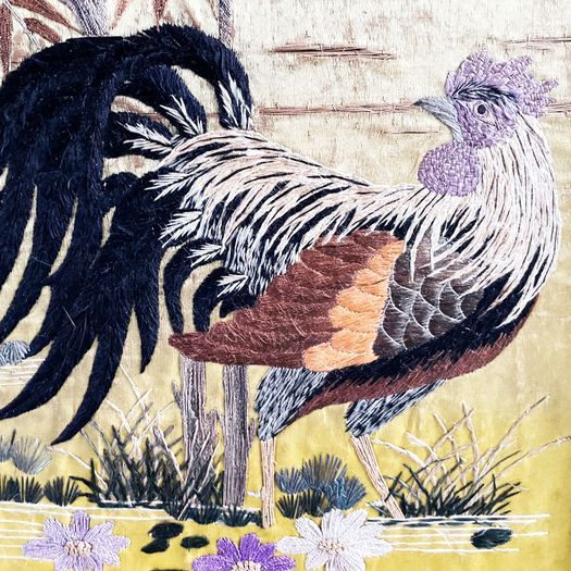 Two Framed Pairs of 19th C Chinoiserie Embroidery on Pale Yellow Silk