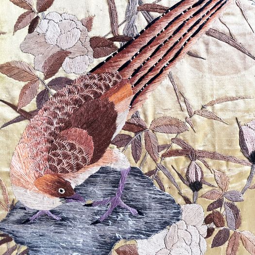 Two Framed Pairs of 19th C Chinoiserie Embroidery on Pale Yellow Silk