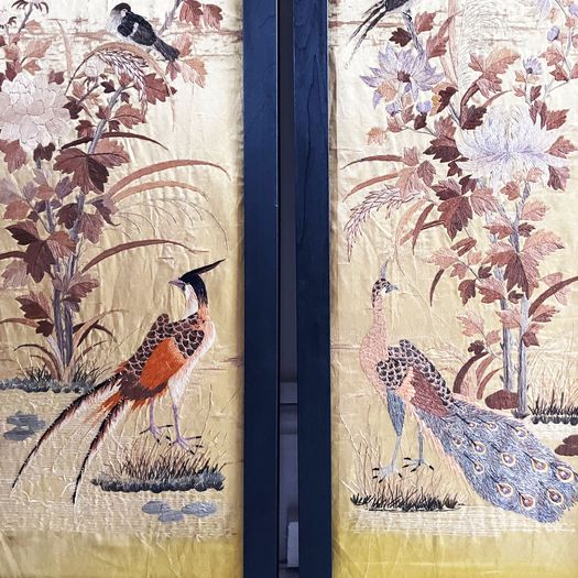 Two Framed Pairs of 19th C Chinoiserie Embroidery on Pale Yellow Silk