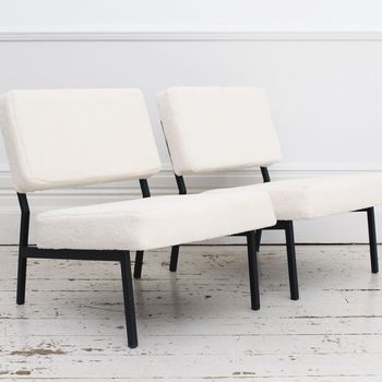 Two Pairs of Late 1950's French Slipper Chairs with Sheepskin Upholstery