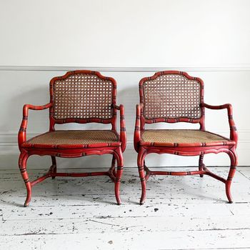 A Pair of Red Lacquer Faux Bamboo Hollywood Riviera Armchairs