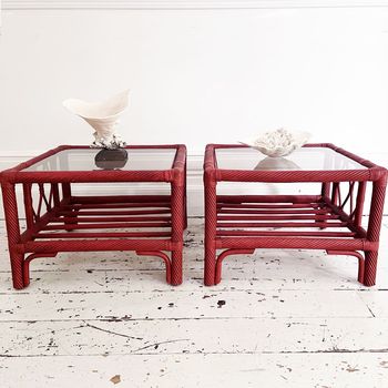 A Pair of 1970's French Raspberry Red Rattan & Glass Side Tables