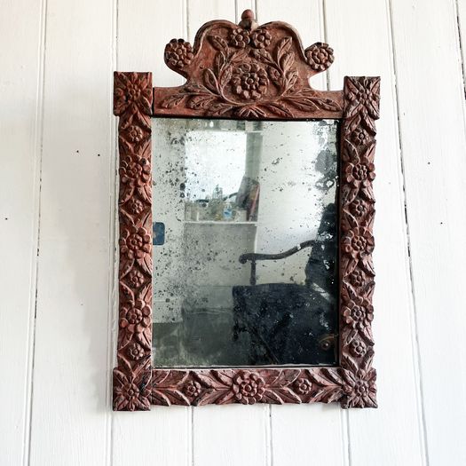 A Small 19th C Provencal Carved Polychrome Mirror with Mercury Plate
