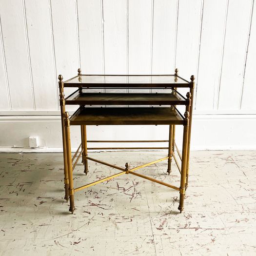 A Set of 1950's French Gold Eglomisé Glass & Brass Side Tables