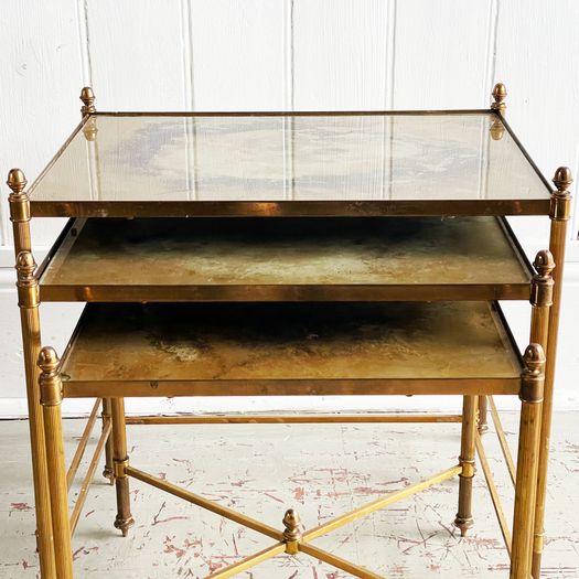 A Set of 1950's French Gold Eglomisé Glass & Brass Side Tables