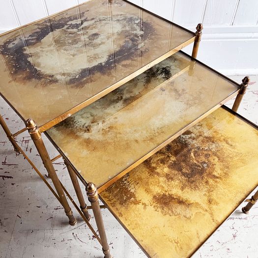 A Set of 1950's French Gold Eglomisé Glass & Brass Side Tables