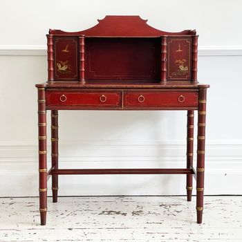 A Regency Red Lacquered Chinoiserie Faux Bamboo Bonheur Du Jour