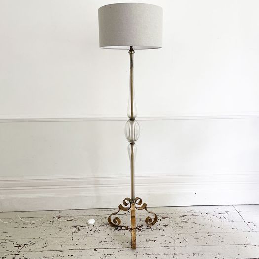 A 1950's French Brass and Glass Standing Lamp with Tripod Base