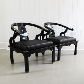 A Pair of 1960's James Mont Horseshoe Lacquered Chinoiserie Armchairs